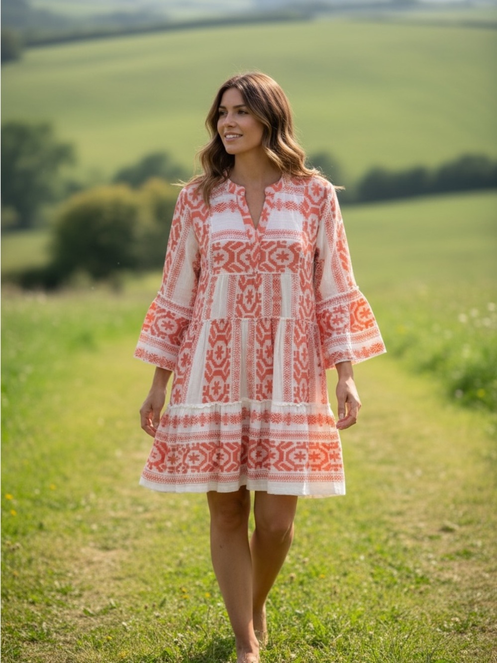 Coral and White Printed Tiered Mini Dress